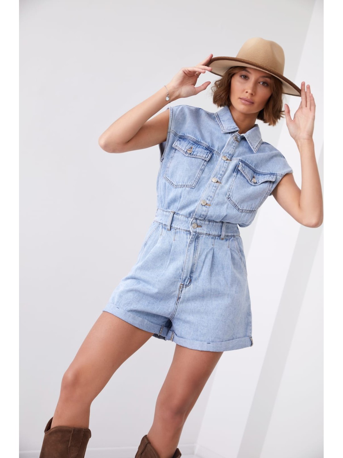 Short denim jumpsuit with collar 01630 - Online store - Boutique